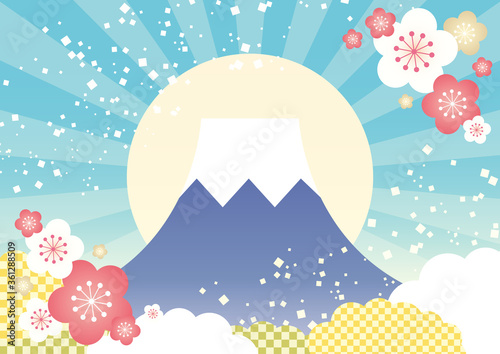 年賀状素材 かわいい富士山と初日の出の背景イラスト 青 Background Wall Mural Backgrou Kinusara