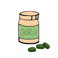jar bottle and pills chlorella hand drawn in doodle style. single element for design. super food, algae, pharmacy, medicine
