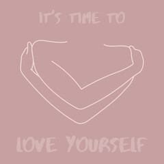 It Is Time to Love Yourself. Self Hug Vector Minimalist Line Illustration. Hugging hands with heart on isolated dust pink background
