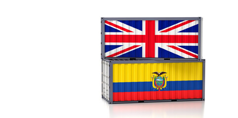 Freight containers with United Kingdom and Ecuador flag. 3D Rendering 