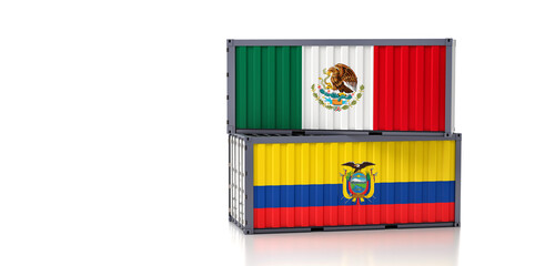 Freight containers with Mexico and Ecuador flag. 3D Rendering 