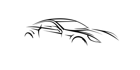 Auto Concept sports car silhouette. Supercar showroom emblem design. Performance motor vehicle dealership logo style design. Vector illustration.