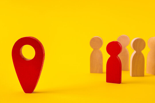 Faceless figures of people gathering community searching new address using web app traveling abroad isolated over bright vivid shine vibrant yellow color background