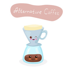 Cute drip coffee characters vector illustration isolated on white background. Kawaii funny, happy & smiling food mascot. Kids menu, cafe decoration with hand drawn lettering. Cartoon design elements.