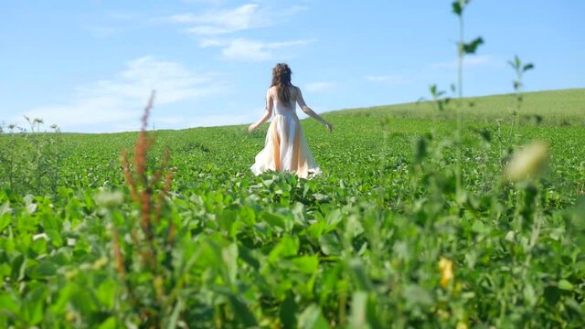 Sexy girl running on a green field. Beautiful happy model walks on a green meadow. Summer, field, blue sky.