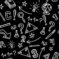 Back to school. hand drawn elements pattern on background of chalkboard.