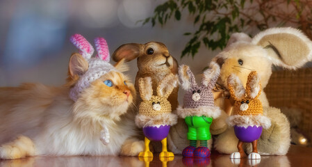Cat wearing bunny ears and posing with a group of funny Easter bunnies