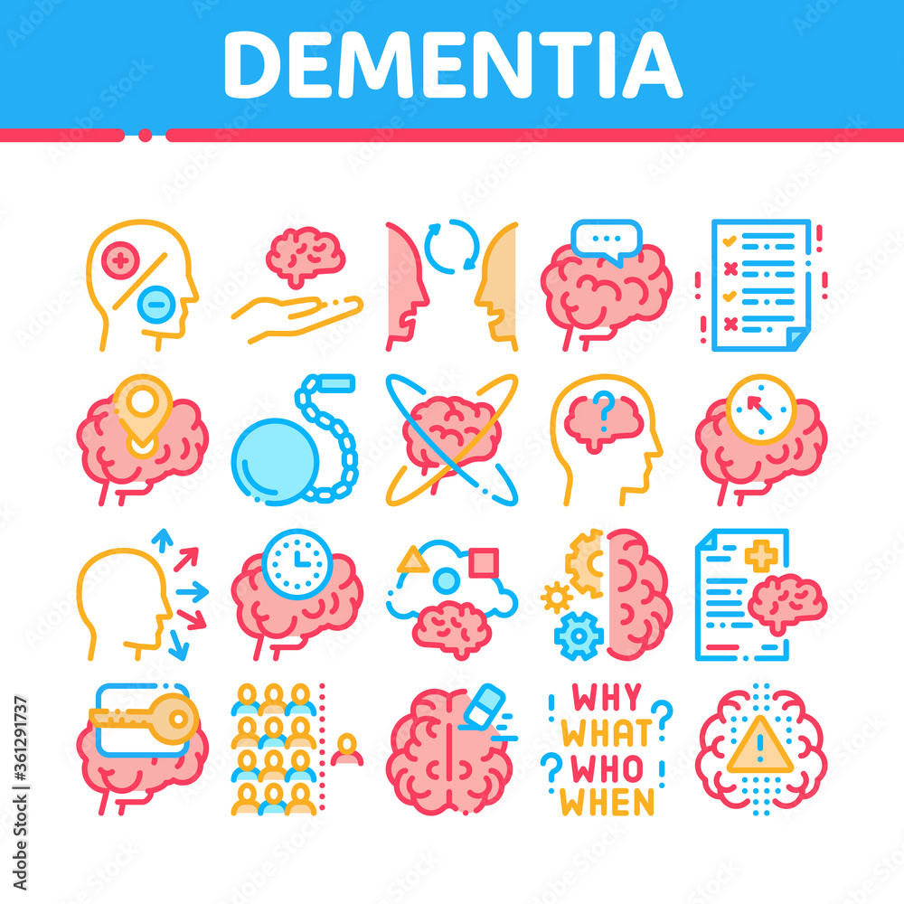 Poster Dementia Brain Disease Collection Icons Set Vector. Dementia Mind Degenerative Illness, Memory Loss And Poor Speech Pronunciation Concept Linear Pictograms. Color Illustrations