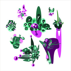 Collection green and pink abstract decorative elements. Vector illustrations for background, seamless pattern, presentation, logo design and for other uses.