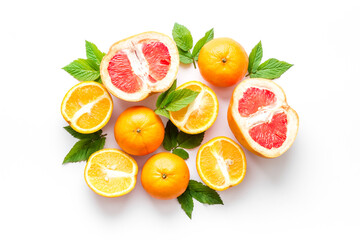 Citrus fruits grouped on white background top view