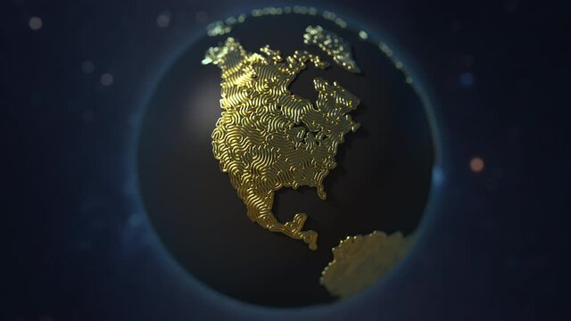 Golden cables form map of North America, telecommunication concept