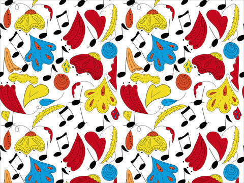 Seamless Vector Pattern On A Music Theme With Notes, Flowers, Leaves And Twigs,