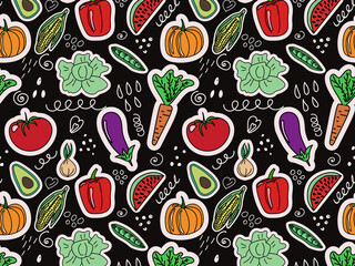 Seamless vector pattern with various vegetables drawn in a cartoon style. A pattern in flat colors that can be used for printing on textiles, clothes, like a screensaver on your desktop and more.