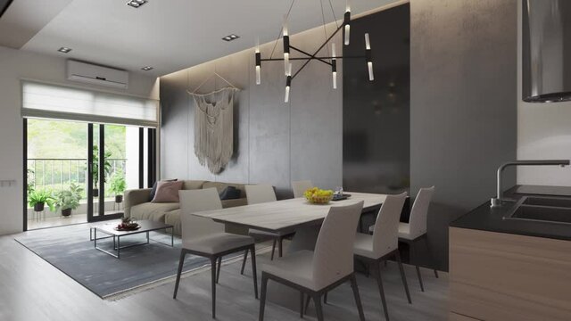 3d render. Camera span across 
a modern open living space with kitchen.