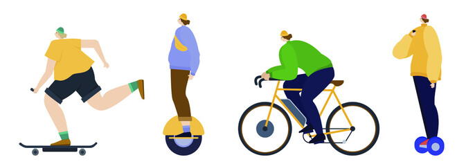 People on electric vehicles flat vector illustration. Electric skateboard longboard, electric unicycle, bicycle, gyroscooter, gyroboard. Modern electric, ecological personal city transporters concept © Hanna
