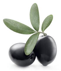 Delicious black olives with leaves, isolated on white background