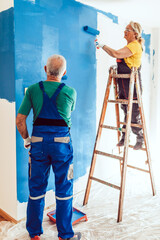 Happy senior couple renovating their home. They are painting a wall together.