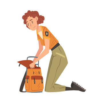 Girl Forest Ranger With Backpack, National Park Service Employee Character In Uniform Cartoon Style Vector Illustration