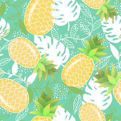Hand drawn seamless pattern of sweet tropical fruit. Pineapples, palm leaves. Healthy eating, botany. Cute colorful doodle sketch illustration for greeting card, invitation, wallpaper, wrapping paper