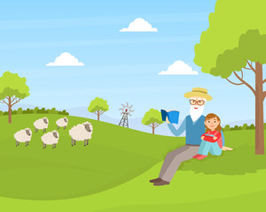 Grandfather with Granddaughter sitting on Green Lawn and Reading Book, Grandparent and Grandchild Having Good Time Together at Sunny Summer Day Cartoon Vector Illustration