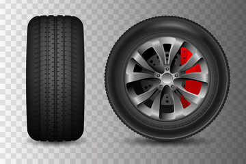 Two car wheel icons. Vector realistic illustration. Wheel with brake disc