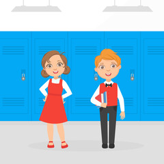 Cute Boy and Girl Elementary School Students Standing in front of Lockers at School Corridor Cartoon Vector Illustration