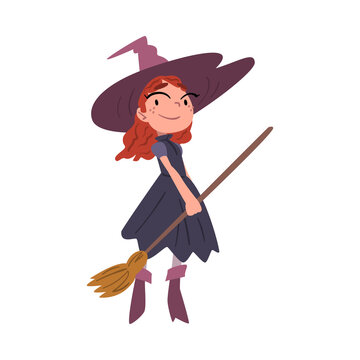 Cute Red Haired Girl Witch Standing with Broom Wearing Purple Dress and Hat, Cute Halloween Cartoon Character Vector Illustration