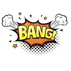 Comic lettering Bang. Comic speech bubble with emotional text Bang. Vector bright dynamic cartoon illustration in retro pop art style isolated on white background. Comic text sound effects