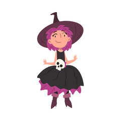 Cute Girl Witch Wearing Dress and Hat Decorated with Skull Bone Cartoon Style Vector Illustration