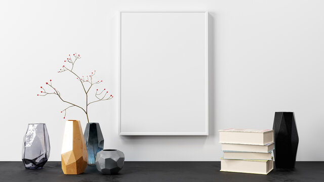 modern white empty picture frame on white wall, decoration vases and books on the table below, 3D Mockup Illustration