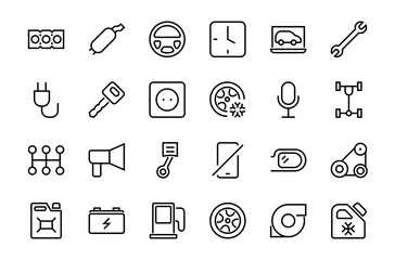 AUTO PARTS Set of Icons related vector line icons. Contains icons such as parts, oil, diagnostics, turbine, steering wheel, key, chassis, gearbox and much more. Editable stroke