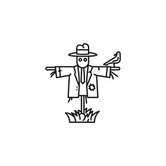 Scarecrow with crow vector line icon