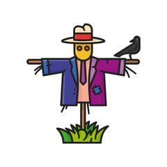 Scarecrow with crow isolated vector illustration