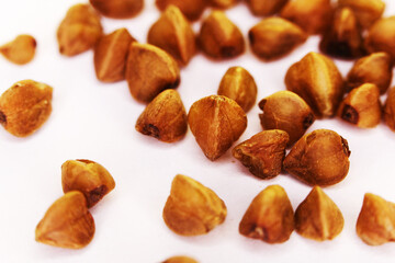 buckwheat grain isolated on white background close up. Top view