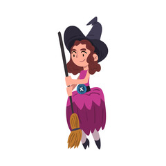 Lovely Girl Witch Standing with Broomstick Wearing Purple Dress and Hat Vector Illustration