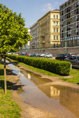 Puddle on the embankment of Budapest. Hungary