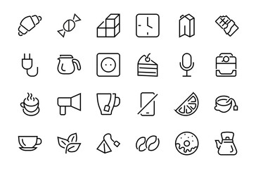 COFFEE and TEA LINEAR ICONS SET, contains Icons of tea, tea bag, Coffee machine, cake, sugar, teapot, cup, milk, cream, Lemon, chocolate bar, Editable stroke