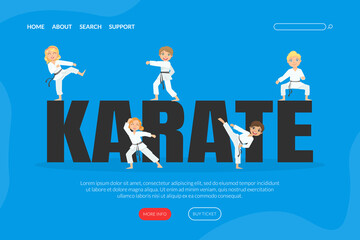 Karate Landing Page Template, Cute Boys and Girls Practicing Asian Martial Arts Web Banner Cartoon Vector Illustration © topvectors