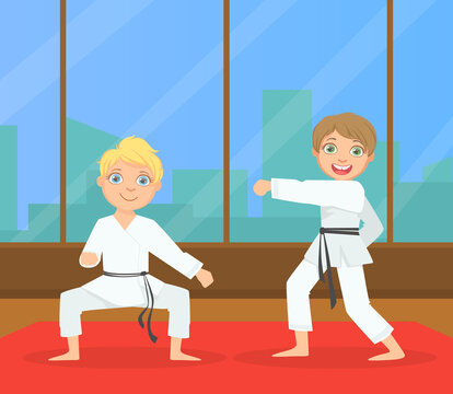 Boys Asian Martial Art Fighters, Cute Children Athletes Practicing Karate Technique, Kids Wearing Kimono Training in Gym Cartoon Vector Illustration
