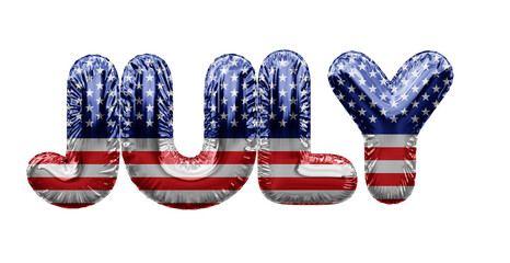 July USA stars and stripes foil balloon word. 3D Rendering