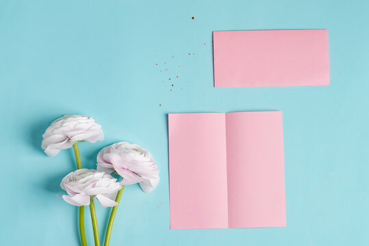 Folded Bifold Business Pink Card Mockup With Beautiful Rose Flower