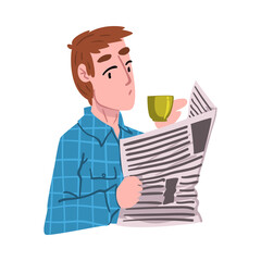Young Man Drinking Tea or Coffee, Guy Enjoying Drinking of Hot Drink, People Activity Daily Routine Cartoon Style Vector Illustration on White Background