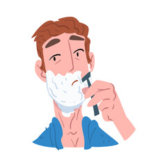 Man Shaving his Face with Foam, People Activity Daily Routine Cartoon Style Vector Illustration on White Background