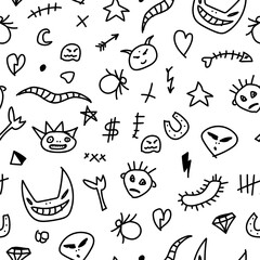 Vector seamless doodle pattern. Hand drawn cartoon illustration. Repeating childish background with drawing elements. Black and white sketch