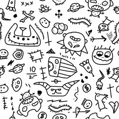 Vector seamless doodle pattern. Hand drawn cartoon illustration. Repeating childish background with drawing elements. Black and white sketch