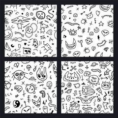 Collection of vector seamless doodle patterns. Hand drawn cartoon illustrations. Repeating childish backgrounds with drawing elements.