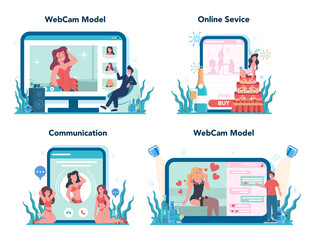 Female stripper online service or platform set. Pole dancing girl in club