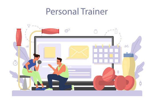 Fitness trainer online service or platform. Workout in the gym