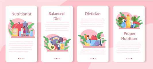 Nutritionist mobile application banner set. Diet plan with healthy food