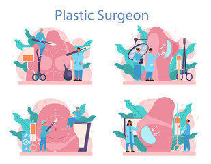 Plastic surgeon concept set. Idea of body correction. Implant and